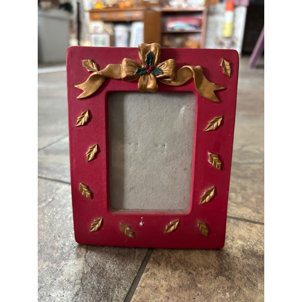 Christmas Red and Gold Holly Ribbon Picture Frame Small Tabletop Holiday Decor